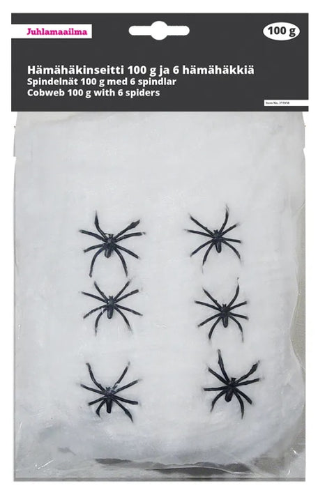 Hämähäkinverkko 100g, valkoinen ja 6 hämähäkkiä