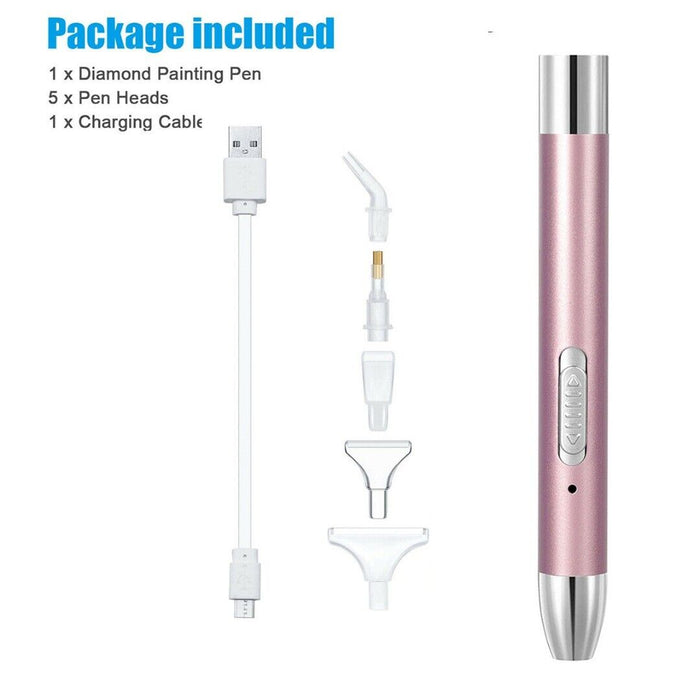 Timanttimaalaustyökalu USB-ladattava Lighting Point -Led kynä, helmiäislila, 5 erilaista vaihtokärkeä