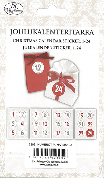 Joulukalenteritarra numerot punaruskea 4 arkkia