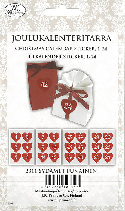 Joulukalenteritarra Sydän punainen 4 arkkia